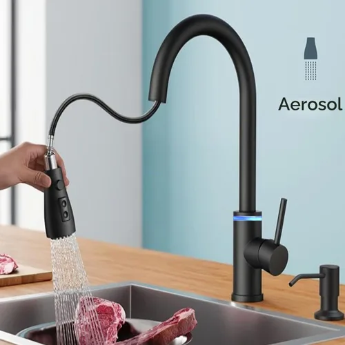 Vista 2 de Grifo de cocina táctil, rociador desplegable de 3 modos, sensor táctil activado, control de temperatura LED, rotación de 360 grados, placa de Negro