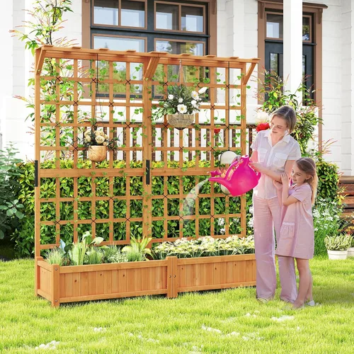Vista 8 de HAPPYGRILL Cama de jardín elevada de 71 pulgadas con enrejado y 2 techos