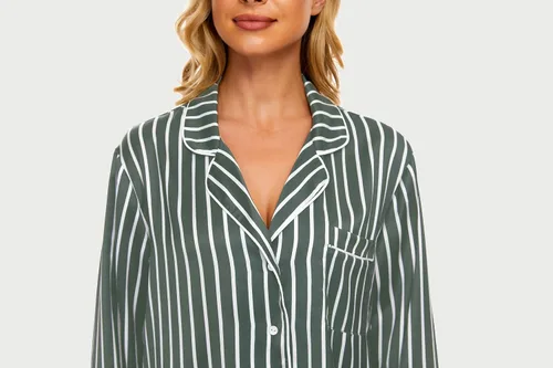 Vista 4 de AGO FTYxTRA Conjunto de pijama suave para mujer, pijama a rayas, conjunto de 2 piezas, ropa de descanso, ropa de dormir, ropa de noche