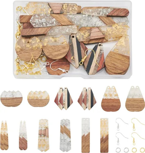 Vista 18 de Beadthoven - Abalorios de madera de resina, aretes de bricolaje para hacer dijes, colgantes de madera de resina geométrica, piezas bohemias