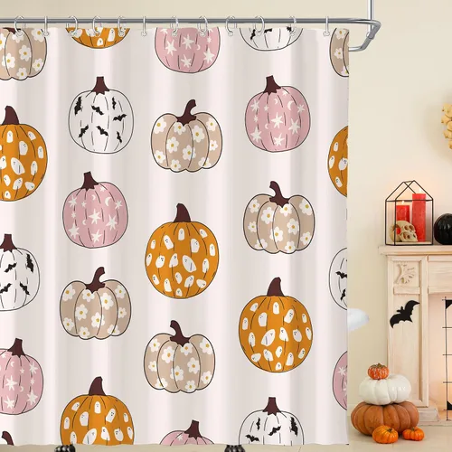 Vista 43 de Cortina de ducha pequeña para casa rodante, tamaño medio, estilo retro de los 70, con flores bonitas, estética abstracta de margaritas, decorativa
