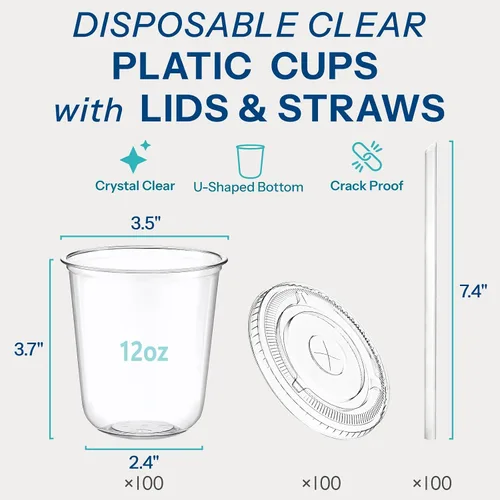 Vista 2 de Homestockplus Paquete de 100 vasos de plástico transparente de 12 onzas sin BPA con tapas y popotes, vasos desechables para sorbetes a prueba
