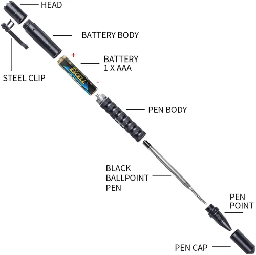 Vista 3 de Pluma táctica profesional de autodefensa pluma con linterna LED incorporada, defensor de ADN y cortador de vidrio herramienta de supervivencia Negro