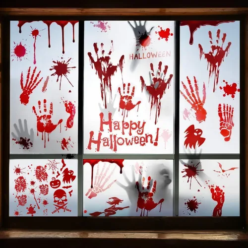 Vista 2 de Decoraciones de Halloween, 8 hojas/95 piezas de huellas de manos sangrientas, calcomanías de pared para el suelo, huellas de terror para el hogar