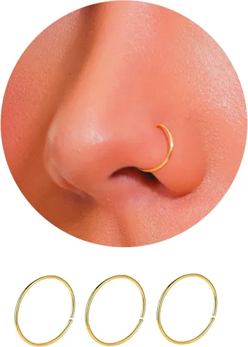 Vista 2 de Aro de nariz de oro de 14K para mujeres, joyería delgada para piercing de nariz (Oro, 3pcs- 8mm calibre 22)