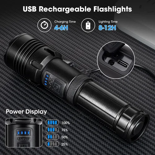 Vista 4 de Paquete de 2 linternas de 99000 lúmenes altos, linterna recargable LED súper brillante, 5 modos, IPX7 impermeable Flah Light para camping, hogar