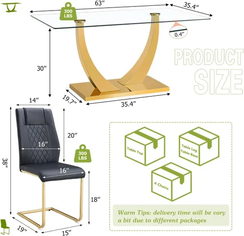 Vista 3 de Juego de mesa de comedor de cristal de 63 pulgadas para 4, mesa de comedor para 4, mesa de comedor con patas y base de acero inoxidable, sillas