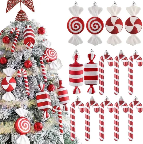 Vista 10 de 6 piezas de adornos para árbol de Navidad, varillas de lana rojas y blancas con lentejuelas y esferas colgantes para árbol de Navidad, adornos