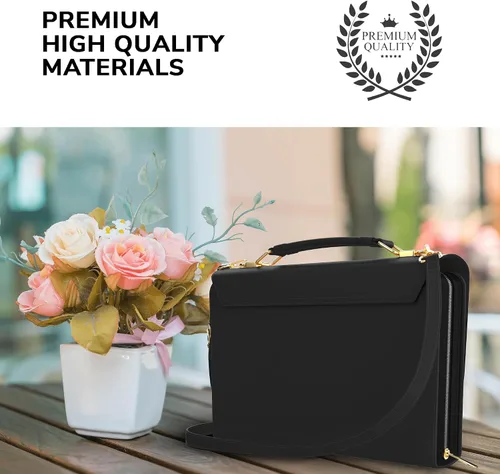 Vista 5 de DEHITE Funda para la Biblia para mujer, bolsa de transporte para la Biblia, ranuras para bolígrafos, bolsillo con cremallera, correa para el hombro
