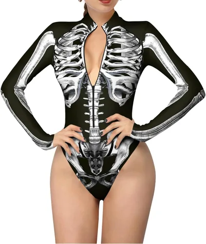 Vista 2 de Enterizo de esqueleto para mujer, con cremallera, traje sexy de una pieza para Halloween