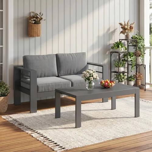 Vista 27 de Solaste Sofá de aluminio para patio con mesa auxiliar, juego de 3 muebles de patio con cojines, sofá de exterior para todo tipo de clima
