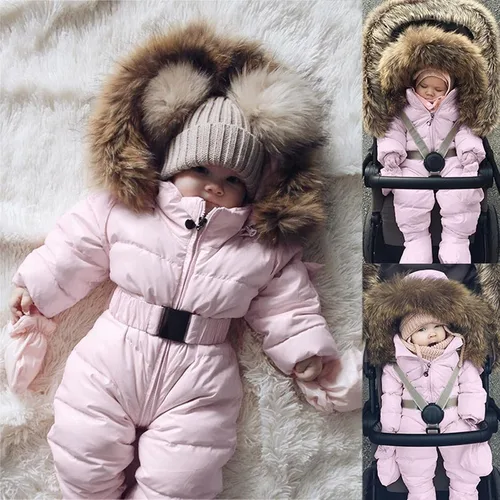 Vista 2 de Abrigo de abrigo cálido para bebé, chaqueta de nieve para niñas, overol con capucha para niñas (rosa, 6-9 meses)