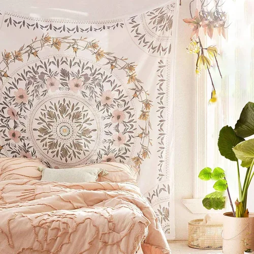 Vista 4 de Simpkeely Tapiz de medallón floral esbozado, tapiz colgante de pared con mandala bohemio, mural de impresión de arte indio para dormitorio, sala