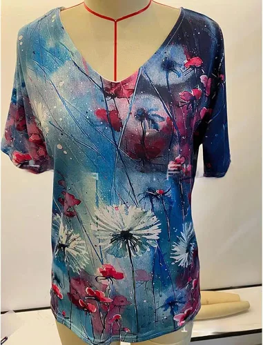 Vista 5 de Janepam Camiseta para mujer, diseño floral, mariposa, acuarela, paisaje, estampado gráfico, manga corta, cuello en V, holgada, para mujer