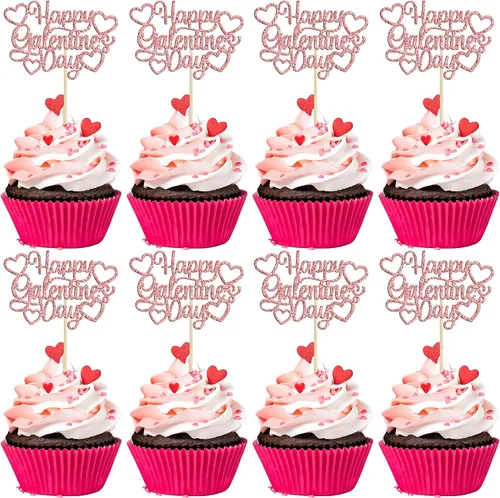 Vista 22 de 24 piezas de decoración de cupcakes con purpurina dorada para el día de San Valentín, temática de San Valentín, fiesta de cumpleaños, suministros