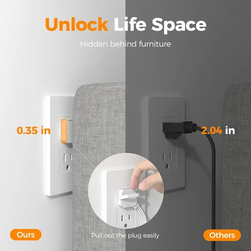 Vista 5 de TESSAN Cable de extensión plano protector de sobretensiones de 1 pie, regleta de enchufe con anillo con 4 tomas, 3 puertos USB (1 USB C), protección