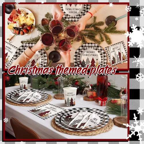 Vista 4 de Dandat 400 piezas de platos y servilletas desechables de Navidad, juego de suministros para fiesta de Navidad de vajilla desechable para 50