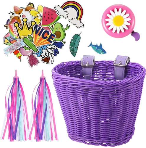 Vista 8 de Set de serpentinas para cesta de bicicleta para niños, cesta de mimbre para manillar de bicicleta con serpentinas de bicicleta coloridas, campana