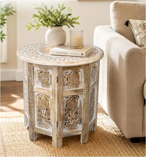 Vista 15 de Mesa auxiliar de madera de mango tallada a mano – 18x22 rústica
