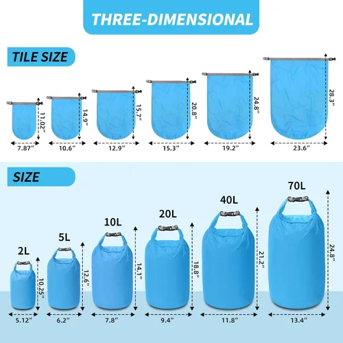 Vista 2 de Juego de bolsas secas, impermeables, pequeñas y ligeras, para tabla de remo, kayak, pesca, campamento (azul, 2 L + 5 + 10 L)
