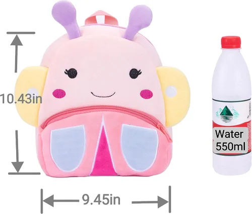 Vista 7 de JoyRokaro Mochila de mariposa para niños pequeños, bonita bolsa de felpa de dibujos animados de 10 pulgadas, mochila preescolar para niñas de 2 a 6