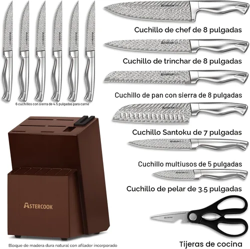 Vista 2 de Astercook Juego de Cuchillos, Juego de Cuchillos de Cocina de 15 Piezas con Bloque, Afilador de Cuchillos Integrado, Juego de Bloque de Cuchillos