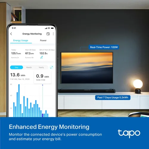 Vista 4 de TP-Link Tapo Smart Plug P210M, enchufe de pared empotrado Wi-Fi, compatible con Matter, monitoreo de energía, 15A/1800W Max, funciona con Alexa