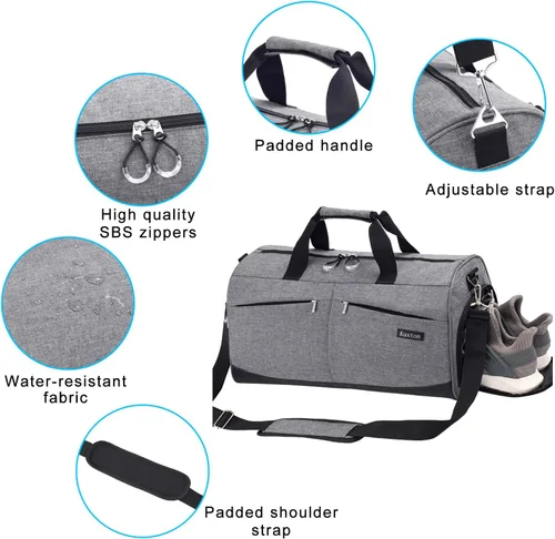 Vista 6 de Kuston Bolsa de gimnasio deportiva con compartimento para zapatos y bolsillo húmedo, bolsa de lona para gimnasio para hombres y mujeres, Gris