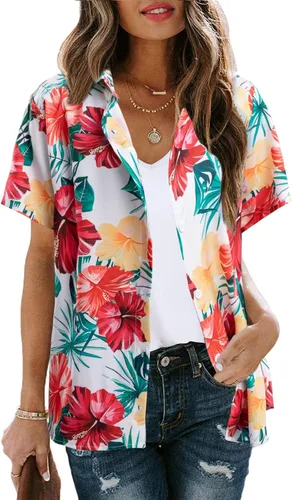 Vista 2 de MYHALF Camisa hawaiana suave y fresca para mujer, camisas hawaianas de verano con estampado floral tropical, cuello en V, camiseta de manga corta