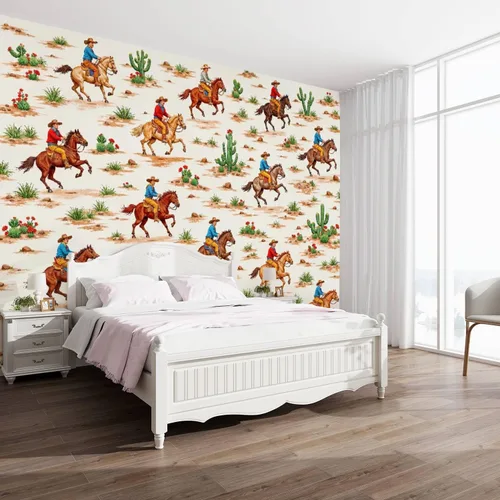 Vista 3 de Mural de pared con diseño de cactus y vaqueros, vintage, papel tapiz autoadhesivo autoadhesivo para pared grande, película de vinilo extraíble