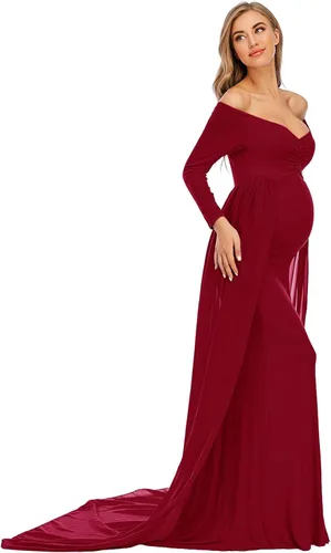 Vista 5 de ZIUMUDY Vestido de maternidad de manga larga con hombros descubiertos, vestido de gasa para sesión de fotos, baby shower