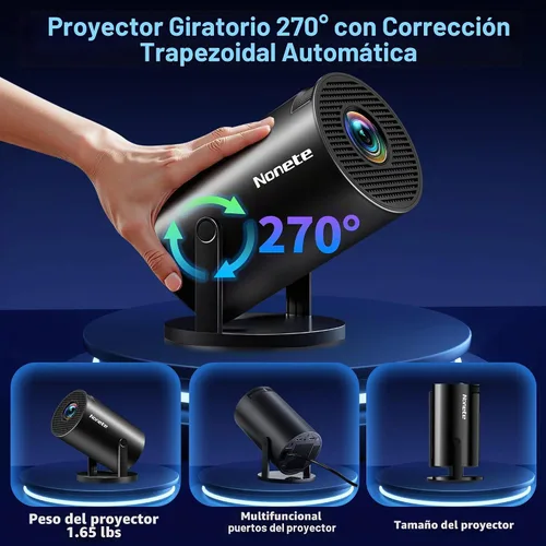 Vista 5 de Mini proyector 1080P, proyector 4K Full HD con WIFI 6 y Bluetooth 5.2, compatible con proyector portátil giratorio de 180° con corrección