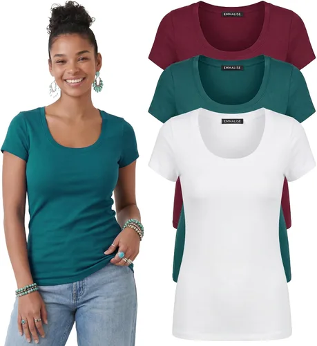 Vista 13 de Emmalise - Camiseta de manga corta para mujer, cuello redondo, estilo básico, pack de valor, tallas junior y grandes