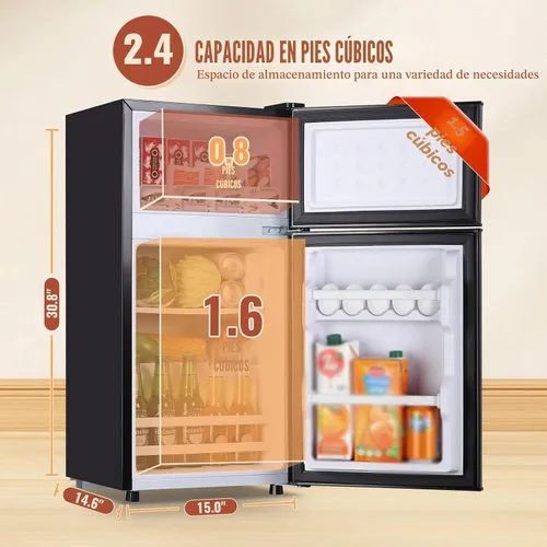 Vista 3 de DEMULLER - Refrigerador mini de 2.4 pies cúbicos con puertas dobles, pequeño refrigerador con congelador separado y control de temperatura ajustable