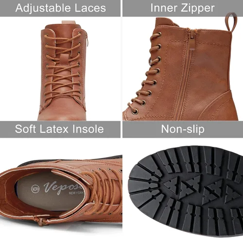 Vista 4 de Vepose Botines de combate 25 para mujer con cordones y cremallera interior de media pantorrilla para mujer