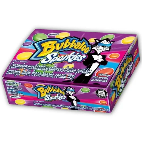 Vista 2 de DECA EXPERTS - BUBBALOO SPARKIES caramelos masticables - Caja por 20 unidades - 17.64 oz - 17.6 Onzas - sabores surtidos. Caramelos masticables