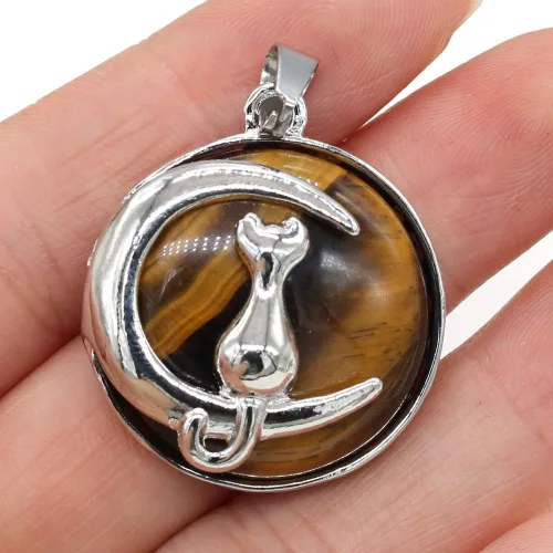 Vista 5 de LE SKY 10 colgantes de piedra natural de forma redonda, piedra de cristal mixta, aleación de gato, patrón para hacer joyas y collares