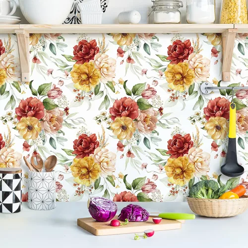 Vista 4 de VaryPaper Papel tapiz floral vintage para despegar y pegar, 17.7 x 78.7 pulgadas, papel tapiz de peonía de acuarela, papel de contacto floral, papel