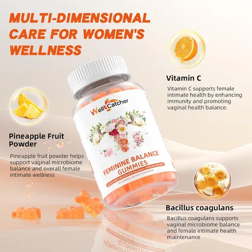 Vista 4 de Gomitas de equilibrio femenino prémium para mujer, gomitas probióticas de piña hawaiana para equilibrio del pH, salud vaginal y apoyo inmunológico