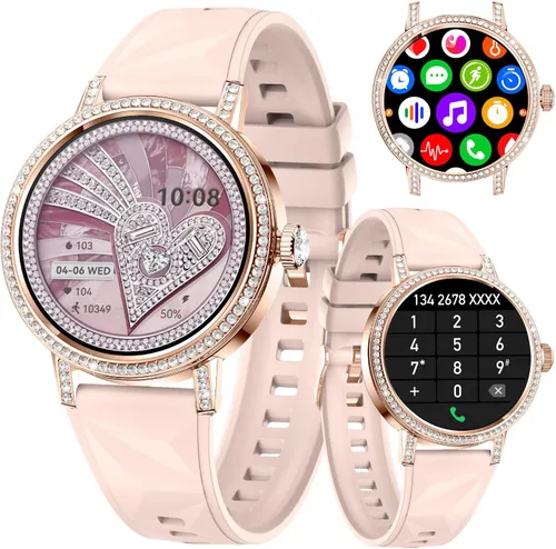 Vista 8 de Relojes inteligentes para mujer con llamadas Bluetooth de diamantes, reloj inteligente con pantalla HD de 1.27 pulgadas, rastreador de actividad
