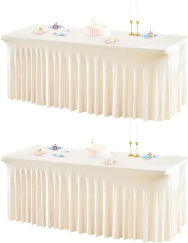Vista 32 de Paquete de 2 manteles color azul bebé para mesa rectangular de 4 pies, manteles de elastano elásticos de 4 pies, falda blanca rectangular para baby