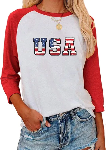 Vista 24 de Camisas de manga 3/4 para mujer, camisetas de verano con cuello redondo, camisetas básicas sueltas de mezcla de algodón para mujer