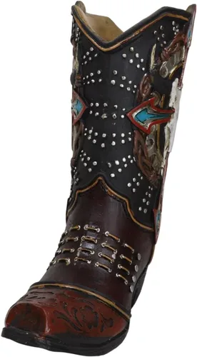 Vista 2 de Ebros Gift Rústica Country Western Cow Skull Turquesa Cruz y Alambres de púas de cuero sintético de vaquero Bota de vaquero decorativa florero