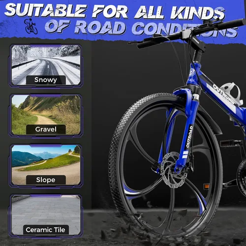 Vista 8 de Outroad - Bicicleta de montaña plegable de 26 pulgadas, 21 velocidades, suspensión completa, bicicleta MTB de acero de alto carbono plegable, freno