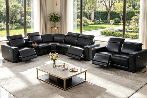 Vista 37 de Juego de sofá seccional reclinable de cuero, sofá seccional con 4 sillones reclinables Juegos de muebles de sala con 3 reclinables, luz LED