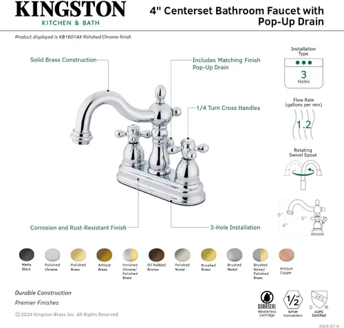 Vista 6 de Kingston KB1600AX - Grifo de baño central de 4 pulgadas, negro mate Mate negro