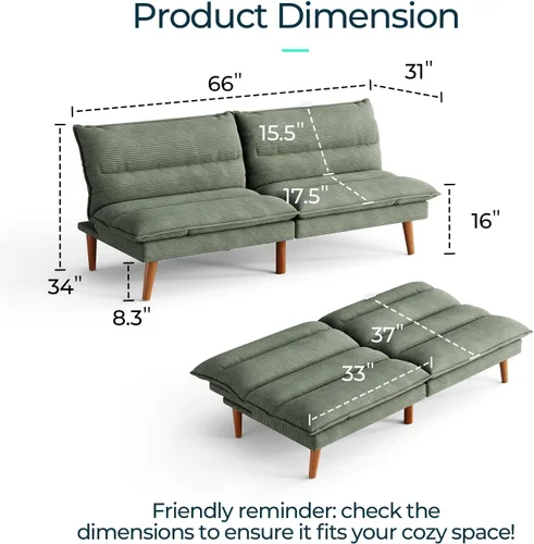 Vista 3 de LINSY HOME Sofá Cama Futón - Sofá Cama de Pana Convertible con Respaldo Ajustable, Sofá Cama Pequeño Moderno Tipo Loveseat para Espacios Pequeños