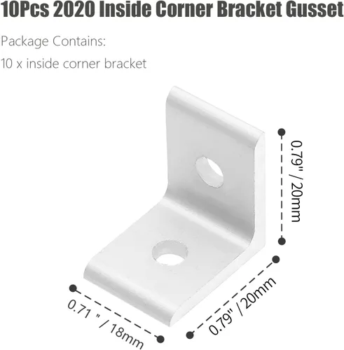 Vista 5 de 10 piezas de refuerzo de soporte de esquina interior 2020, soportes de extrusión de aluminio plateado, conector de soporte L de 2 agujeros