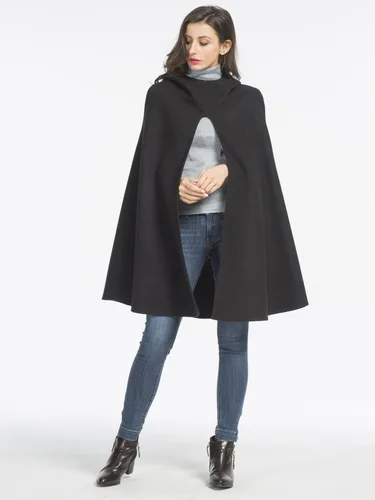 Vista 3 de Clothink Poncho frontal dividido de lana negra para mujer, Negro
