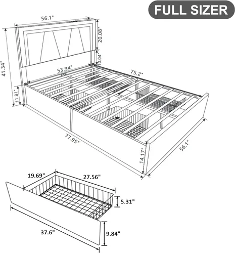 Vista 2 de Base de cama matrimonial con cabecera ajustable, plataforma tapizada con luces LED RGB, 4 cajones de almacenamiento y estación de carga